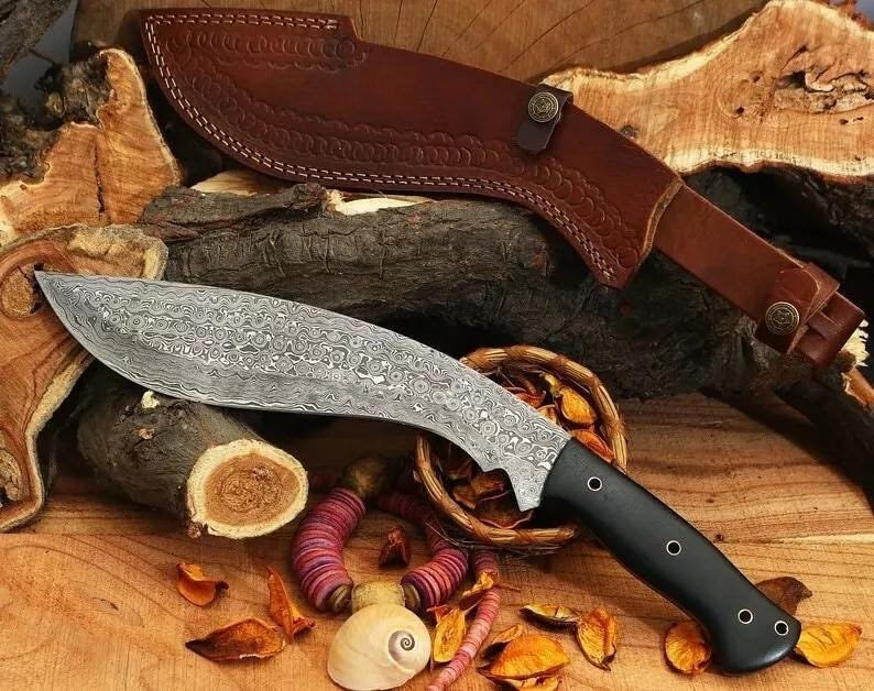 Handmade Damascus Steel Kukri Knife With Leather Sheath Cover Rain Drops Pattern