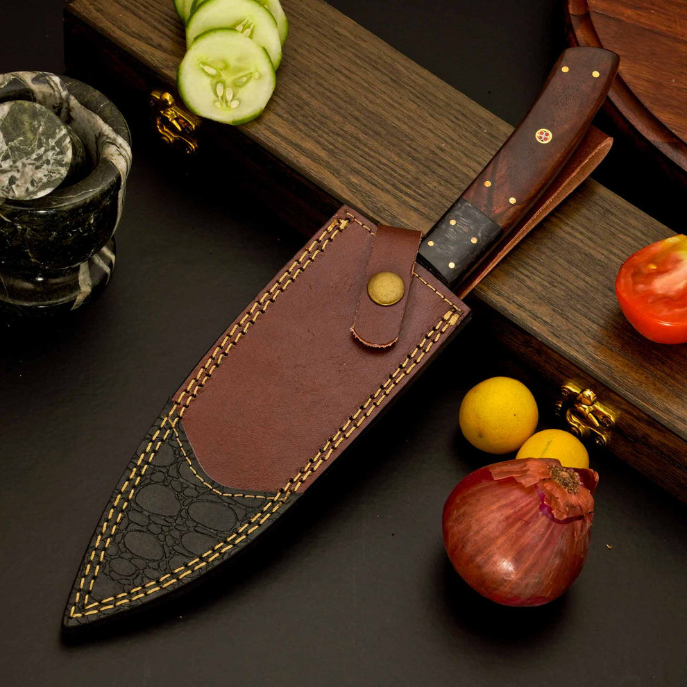 12″ Elegant Damascus Chef Knife with Polished Dark Wood Handle