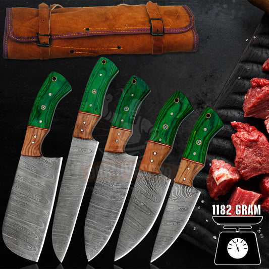Handmade Damascus Steel Chef Knife Set – 5 Piece Green Wood Handle 