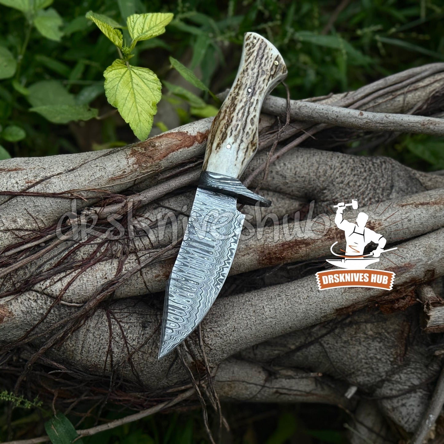 Damascus Steel Hunting Knife Antler Handle