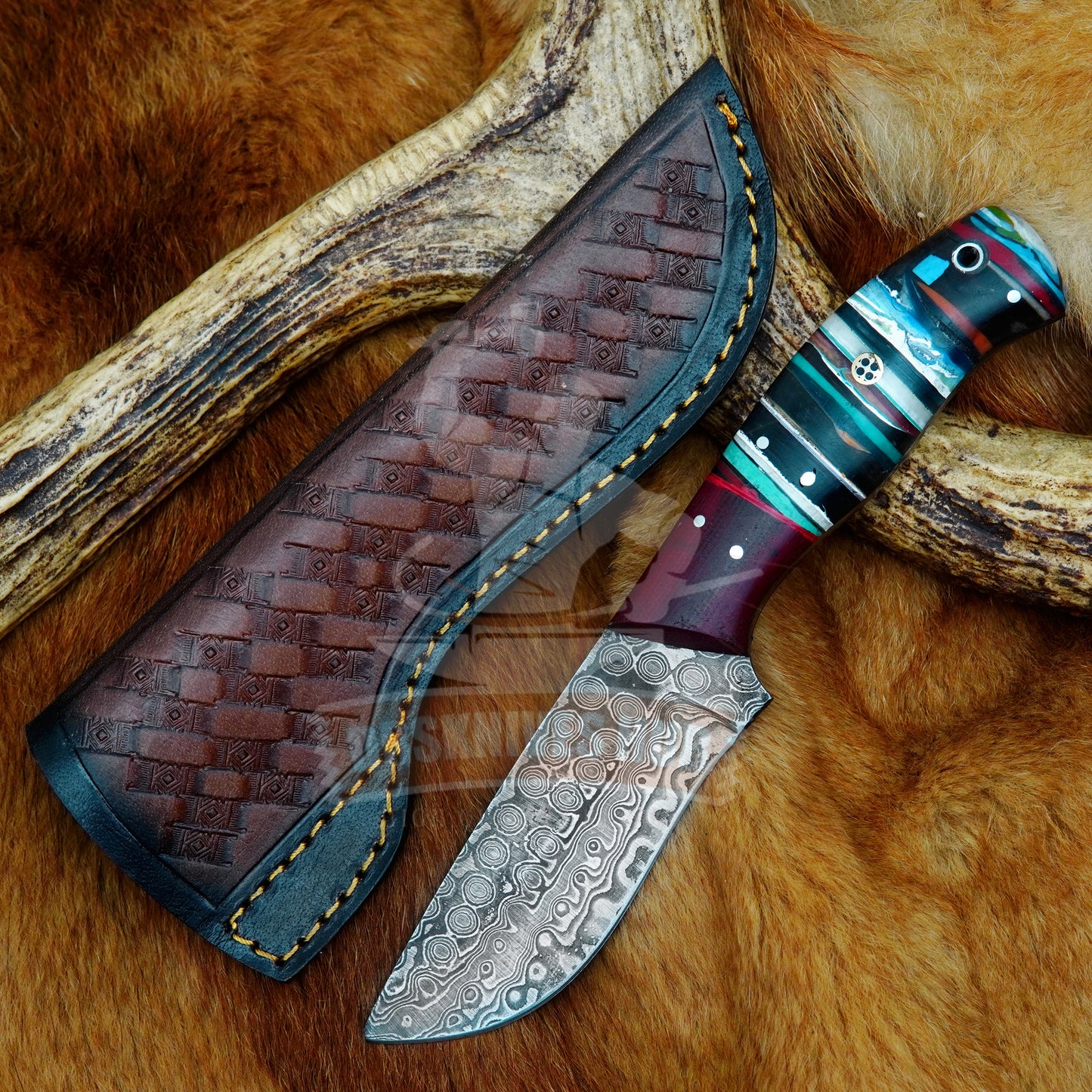 Damascus Hunting Knife 9" – Rain Drop Pattern with Leather Sheath | DRSKNIVES HUB