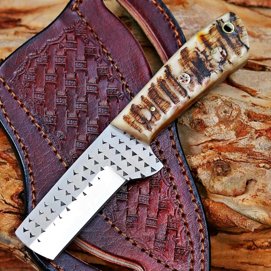 Bull Cutter Knife Handmade Cowboy Knife With Leather Sheath Ram Horn Handle