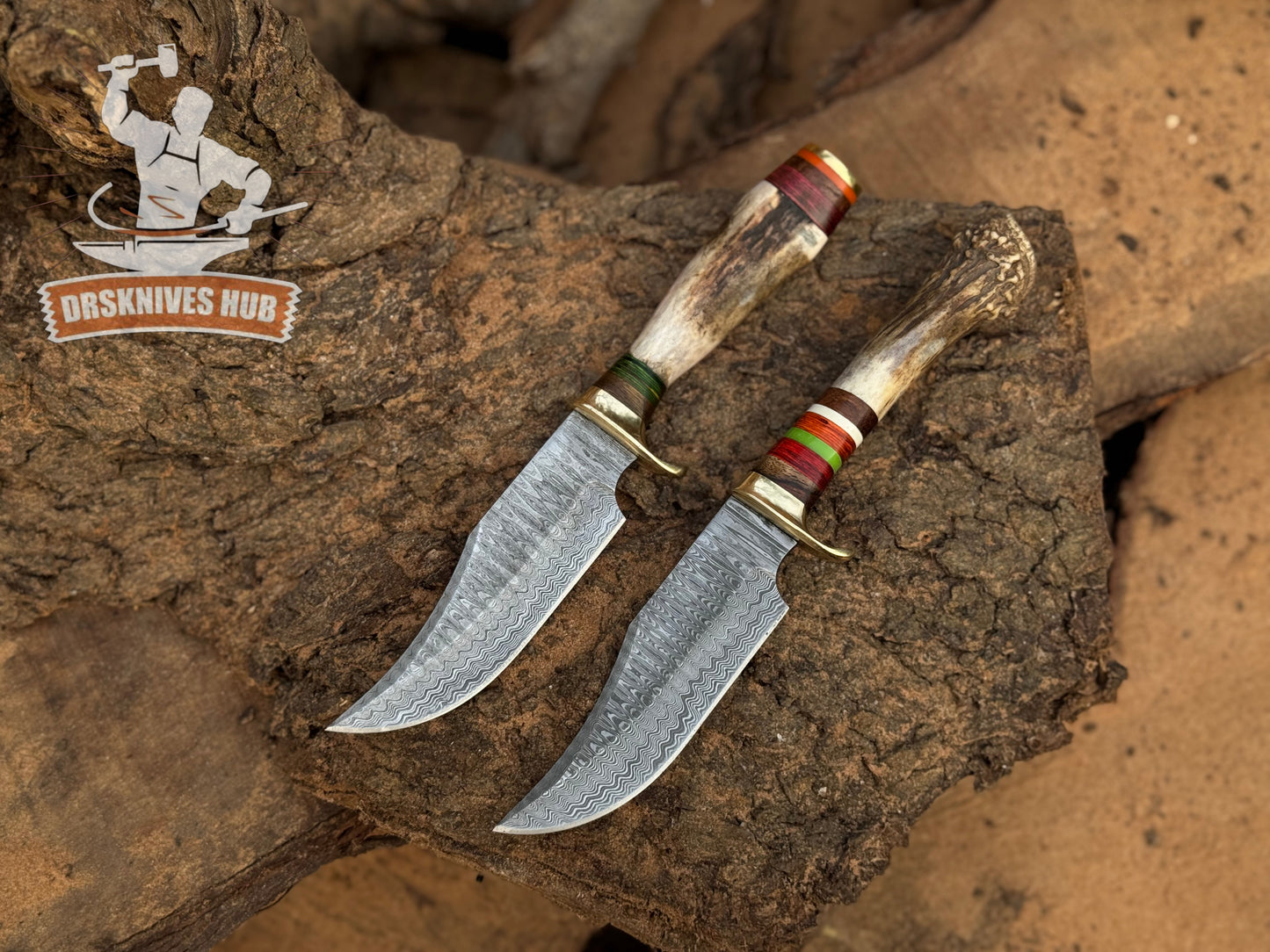 Handmade 10” Damascus Knife Set with Stag Handles & Leather Sheaths | DRSKNIVES HUB