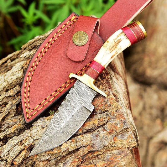 BOOT POKCET KNIFE HANDMADE DAMASCUS STEEL HUNTING SKINNING KNIFE STAG HANDLE