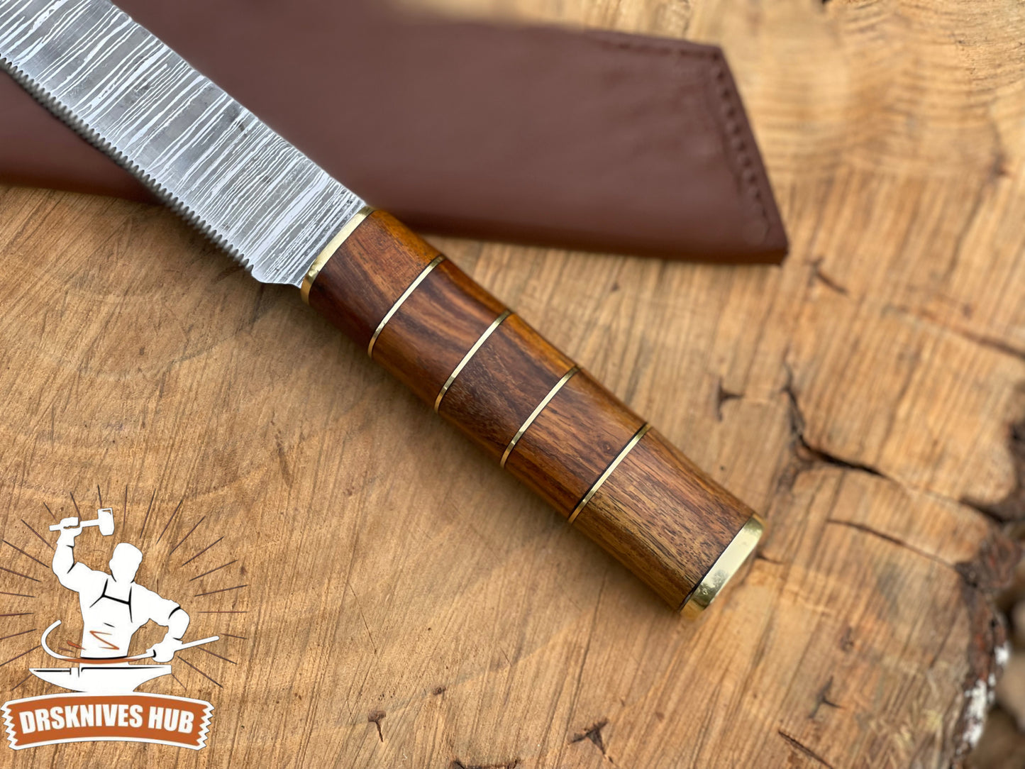 Hand Forged Damascus Steel Blade Bread Cutter Knife With Leather Sheath Cover | DRSKNIVES HUB