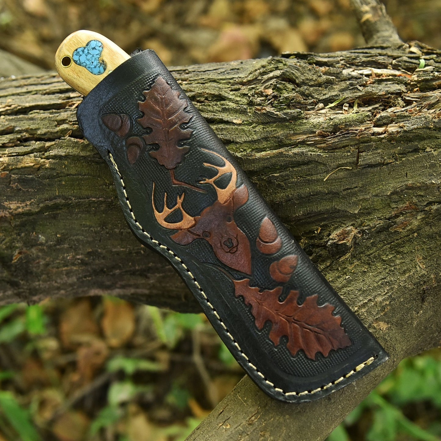 Damascus Gut Hook Hunting Knife – Hybrid Wood Handle & Leather Sheath