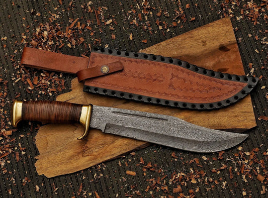 Bowie Knife With Leather Sheath Cover Custom Handmade Damascus Steel Blade Outdoor, Bowie knife