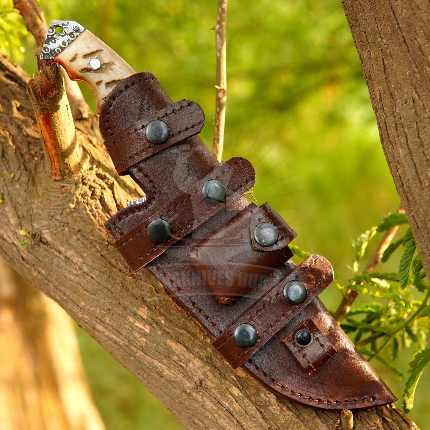 Handmade Damascus Steel Tracker Knife: Ram Horn Handle, Leather Sheath, Gift For him | DRSKNIVES HUB