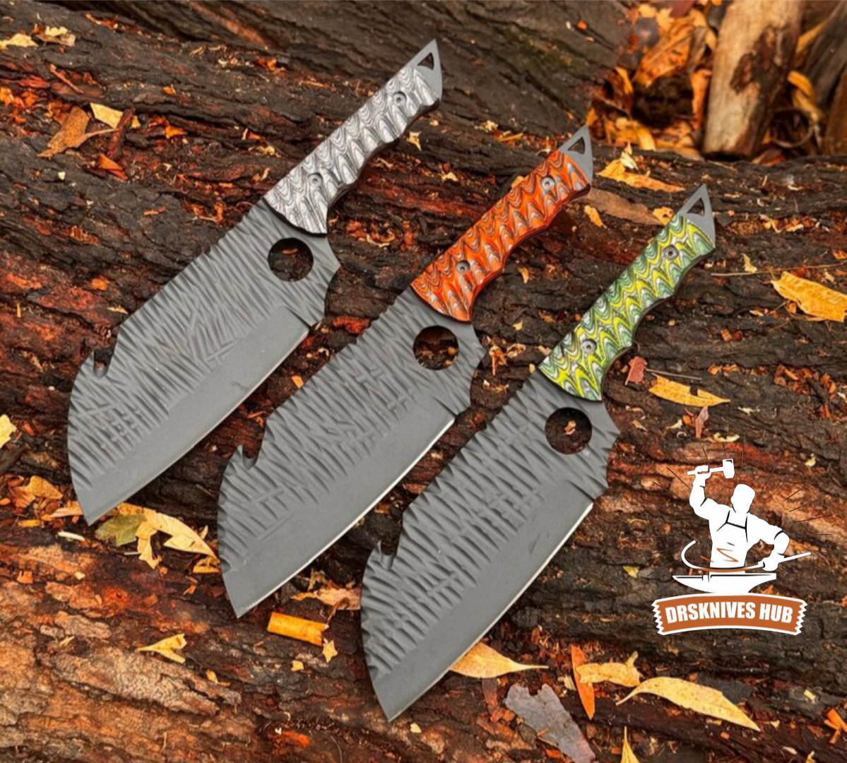 Three tactical knives with different handles on a wooden surface, featuring the DeskKnives Hub logo.