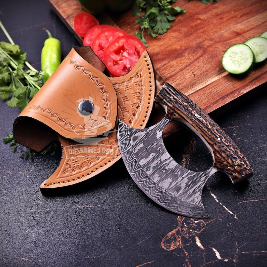 Damascus  Steel Ulu knife With Leather Sheath Full Stag Handle