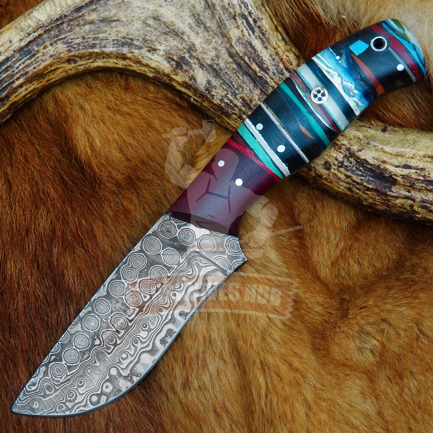 Damascus Hunting Knife 9" – Rain Drop Pattern with Leather Sheath | DRSKNIVES HUB