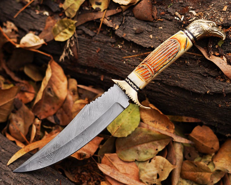 Handmade Damascus Steel Hunting Knife With Bone Handle Camping knife , Bushcraft Knife With Leather Sheath Cover
