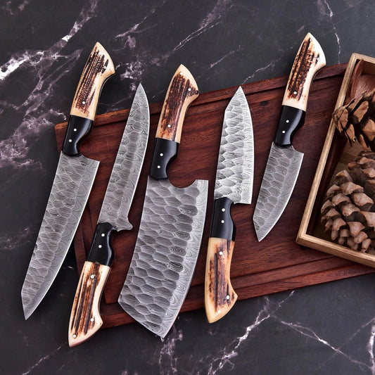 Handcrafted Damascus Steel Chef Knife Set featuring Kitchen Knives with Stag Handles.