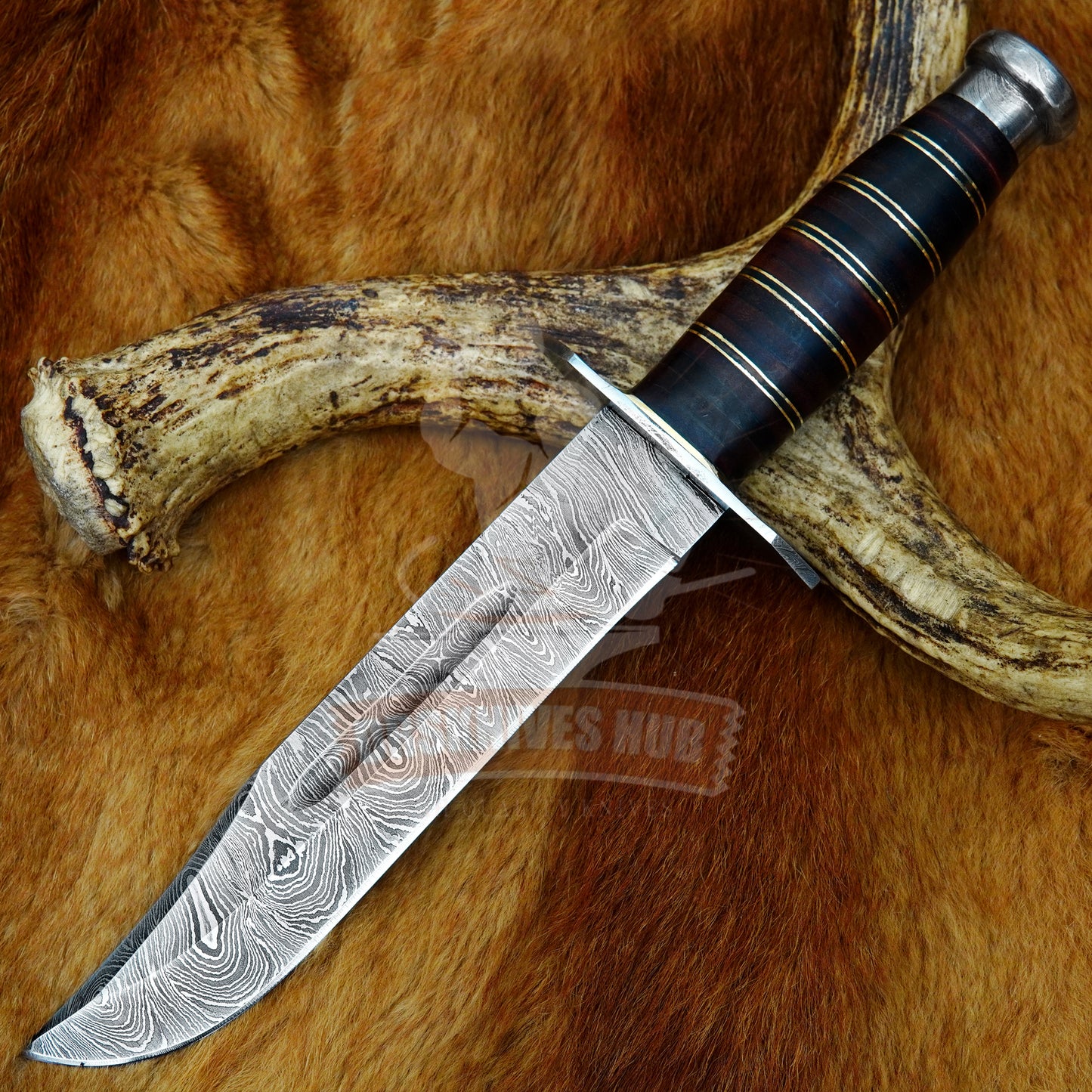 Damascus Bowie Knife 13" – Leather Stack Handle Full Tang | DRSKNIVES HUB