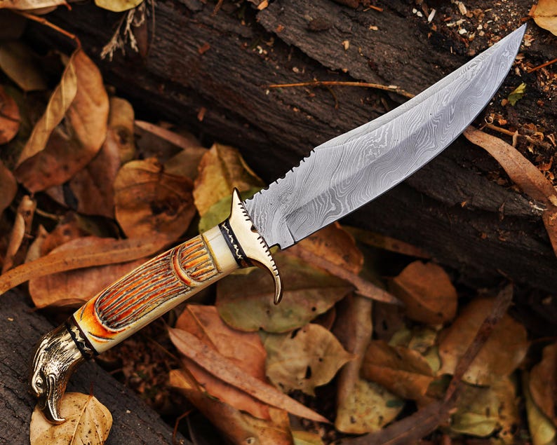 Handmade Damascus Steel Hunting Knife With Bone Handle Camping knife , Bushcraft Knife With Leather Sheath Cover