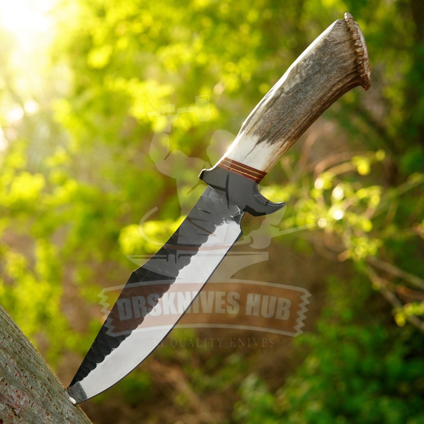 Hand Forged D2 Steel Bowie Knife: Stag Antler Handle, Leather Sheath | DRSKNIVES HUB