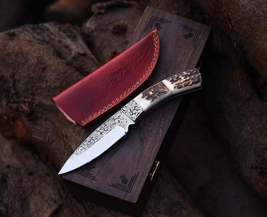 Premium Handmade D2 Steel Engraved Hunting knife Antler Handle