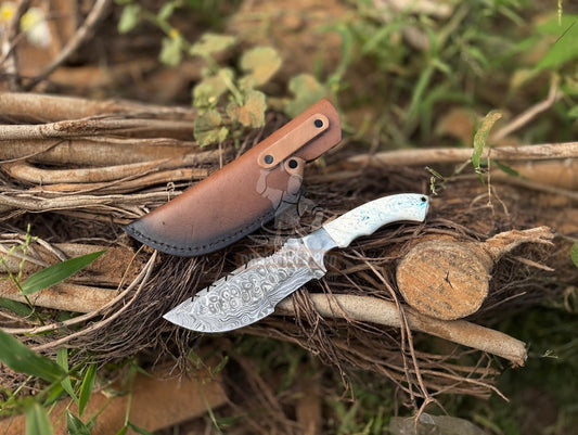 Damascus Steel Tracker Knife - Handmade knife with Resin Handle & Leather Cover | DRSKNIVES HUB