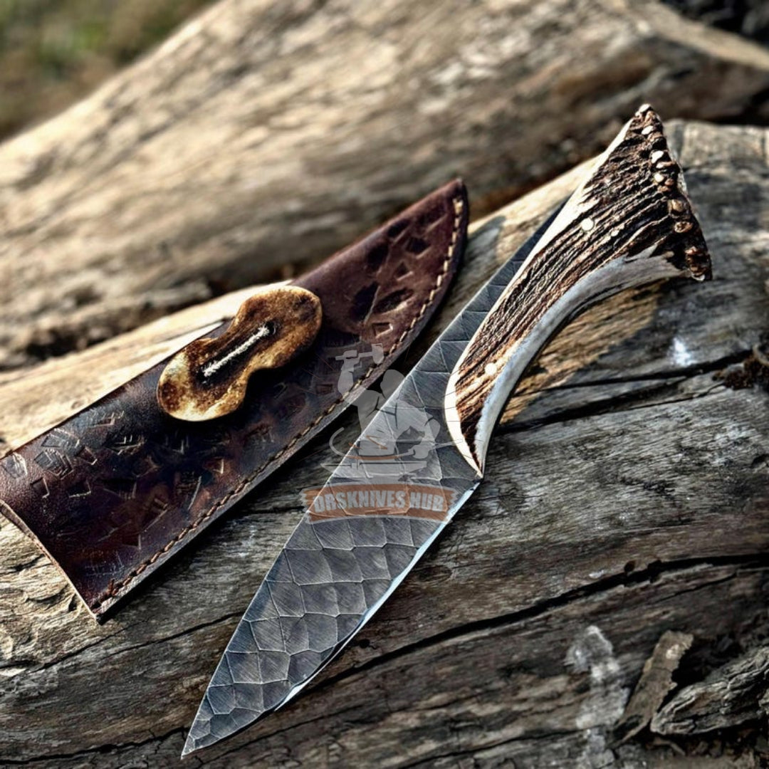 Hand Forged Hunting Knife – 12C27 Steel, Deer Antler Handle, Leather Sheath