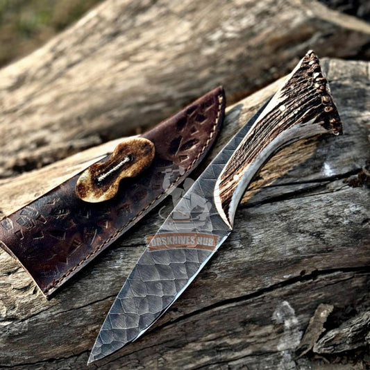 Hand Forged Hunting Knife – 12C27 Steel, Deer Antler Handle, Leather Sheath