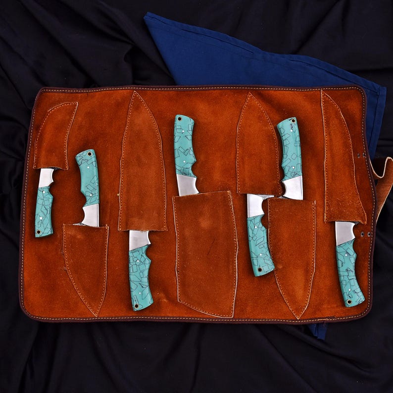 Professional 7-Piece Damascus Chef Knife Set with Leather Roll Kit