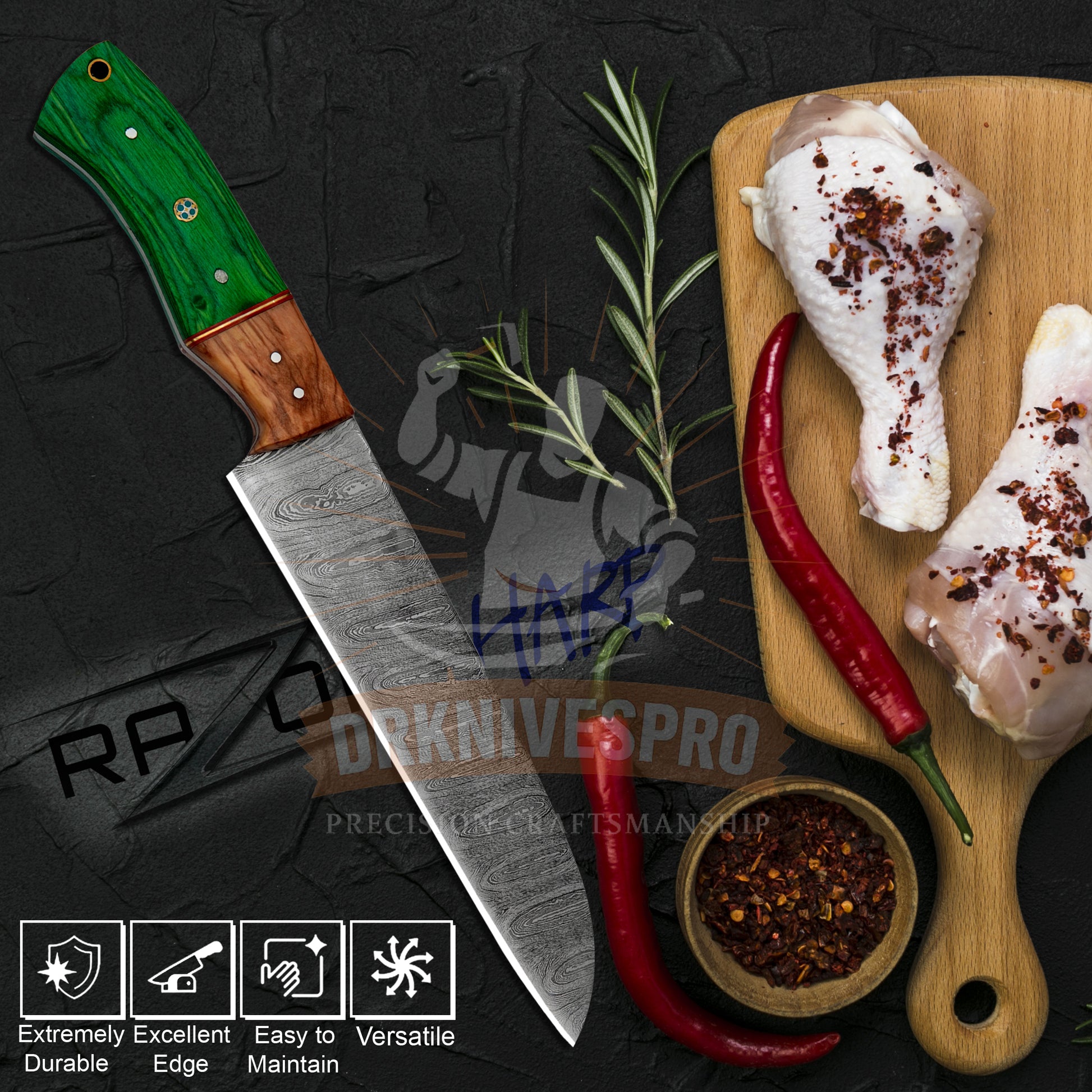 Handmade Damascus Steel Chef Knife Set – 5 Piece Green Wood Handle 