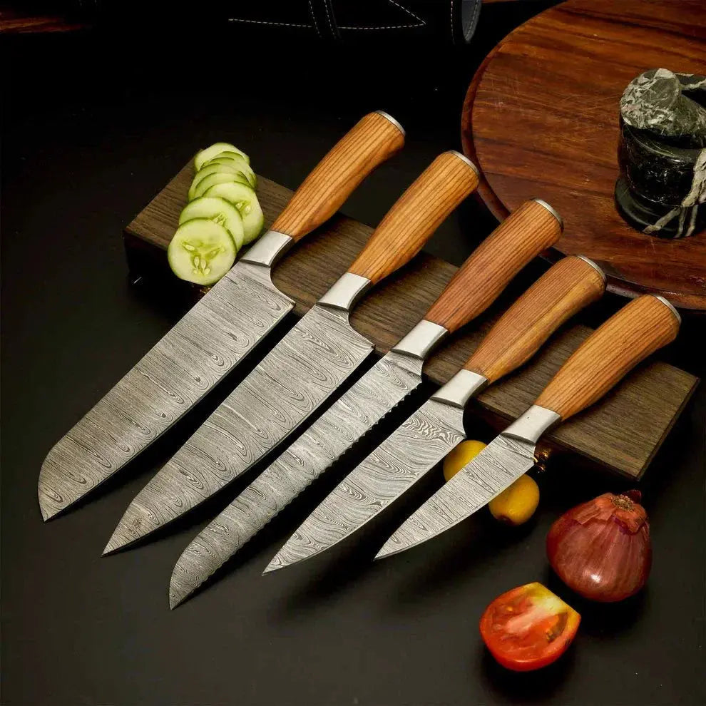5-piece handmade Damascus steel chef knife set with leather roll