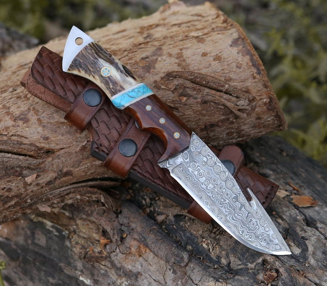 Damascus Gut Hook Knife With Leather Sheath Cover Stag Handle