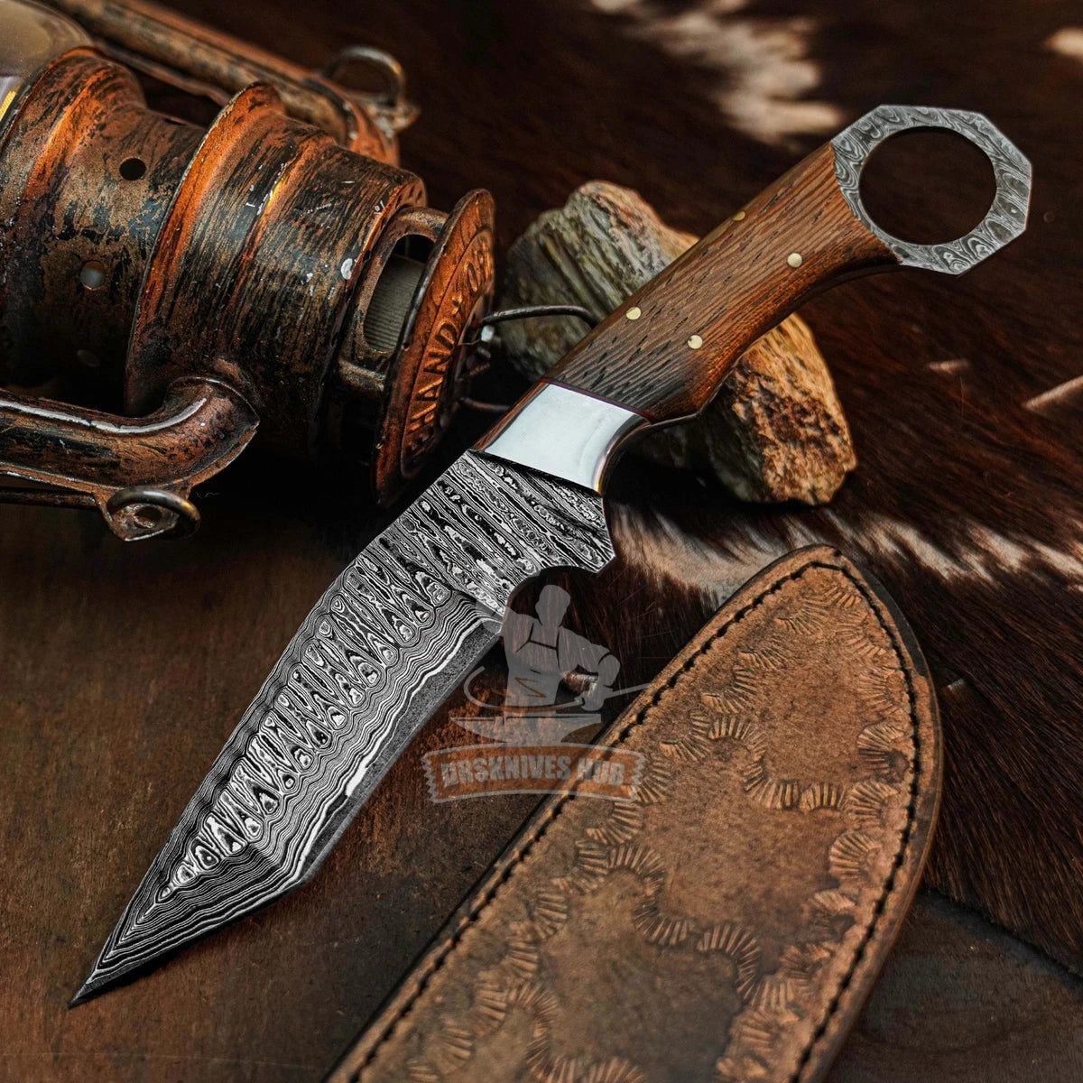 9.7" inch Damascus Tactical Knife Full Tang wood Handle Blade Leather Sheath
