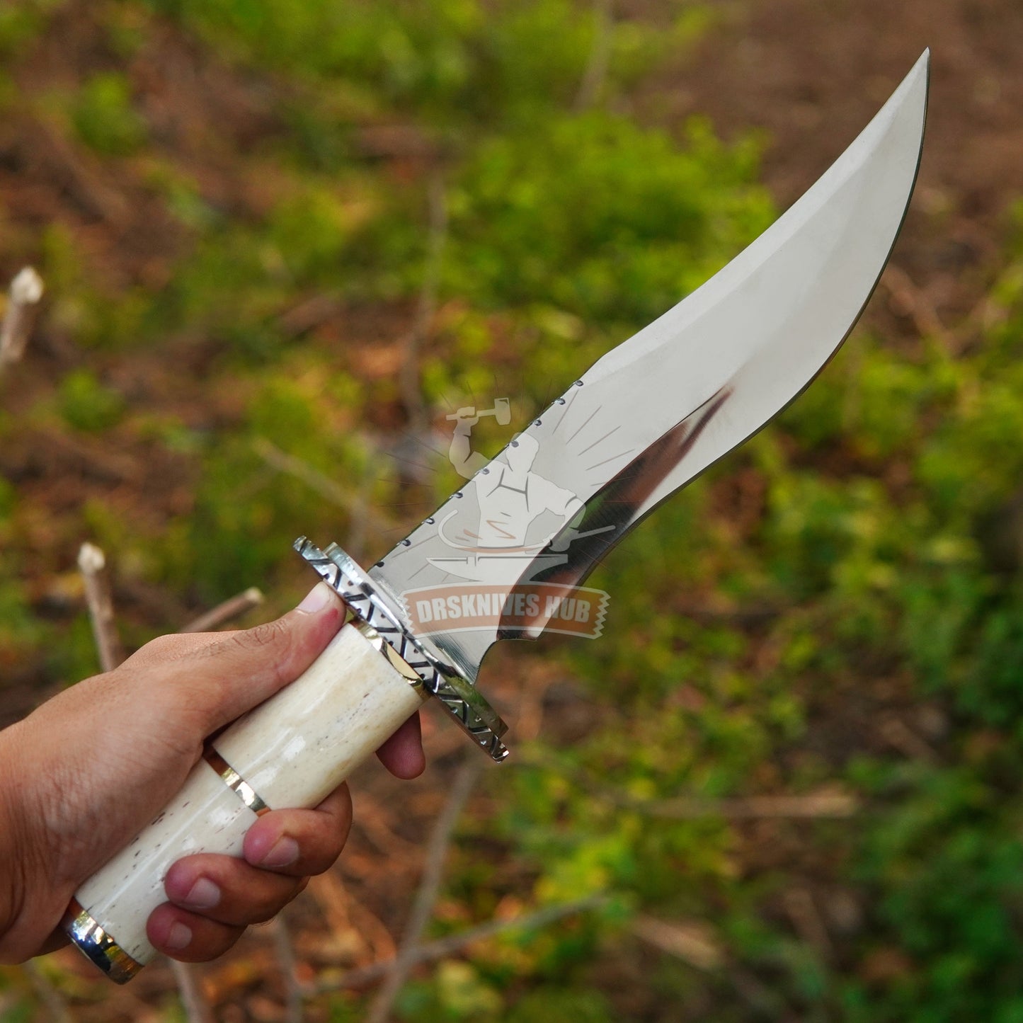 15" Custom Handmade Hunting Bowie Knife Bone Handle With Leather Cover | DRSKNIVES HUB