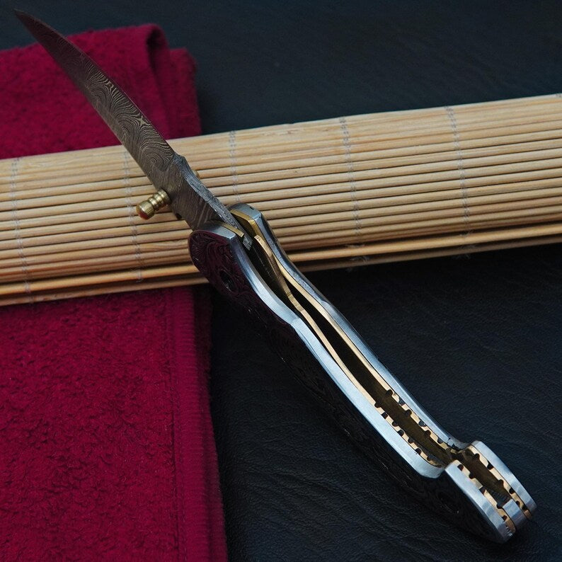 Custom Handmade Damascus Steel Camping Knife, Beautifully Hand Engraved Knife