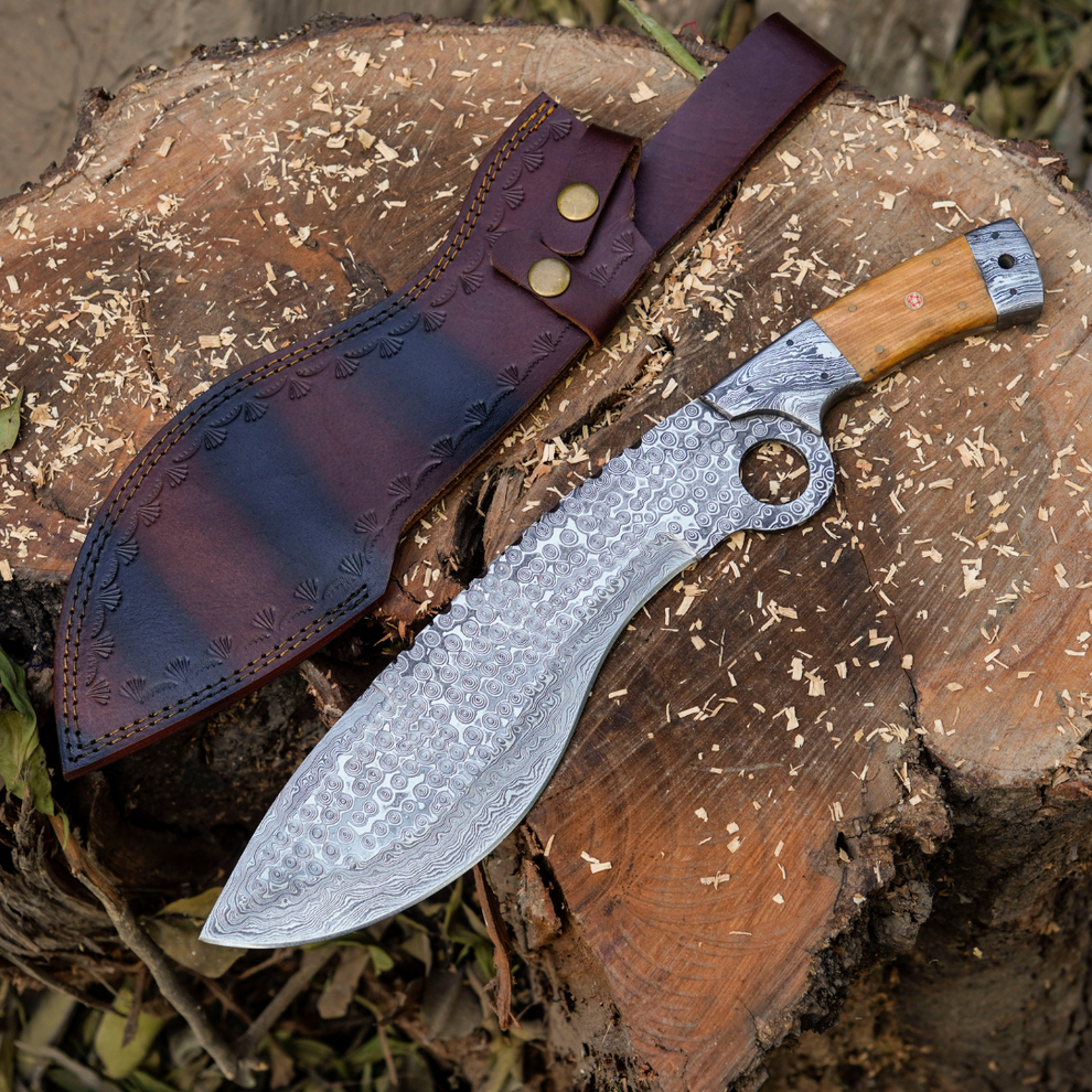 Custom Hand Forged Damascus Steel Hunting Kukri Knife Damascus Bolster Olive Wood Handle