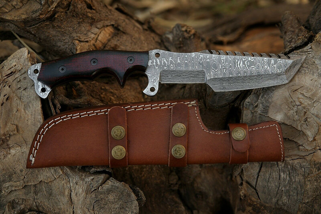 Survival Knife With Leather Sheath Custom Handmade Damascus Steel Tracker Knife