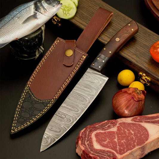 12″ Elegant Damascus Chef Knife with Polished Dark Wood Handle