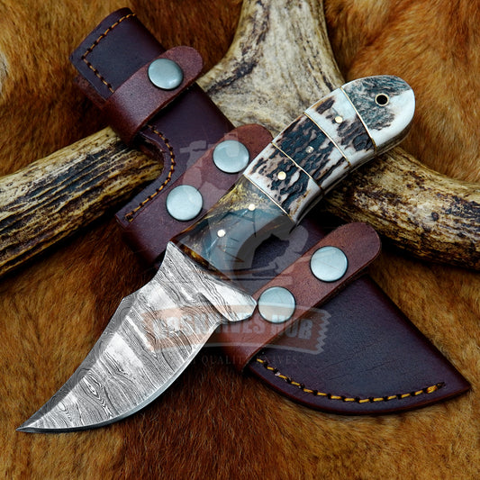 7” Fixed Blade Hunting Skinning knife with Stag Handle & Leather Sheath – Artisan Gift