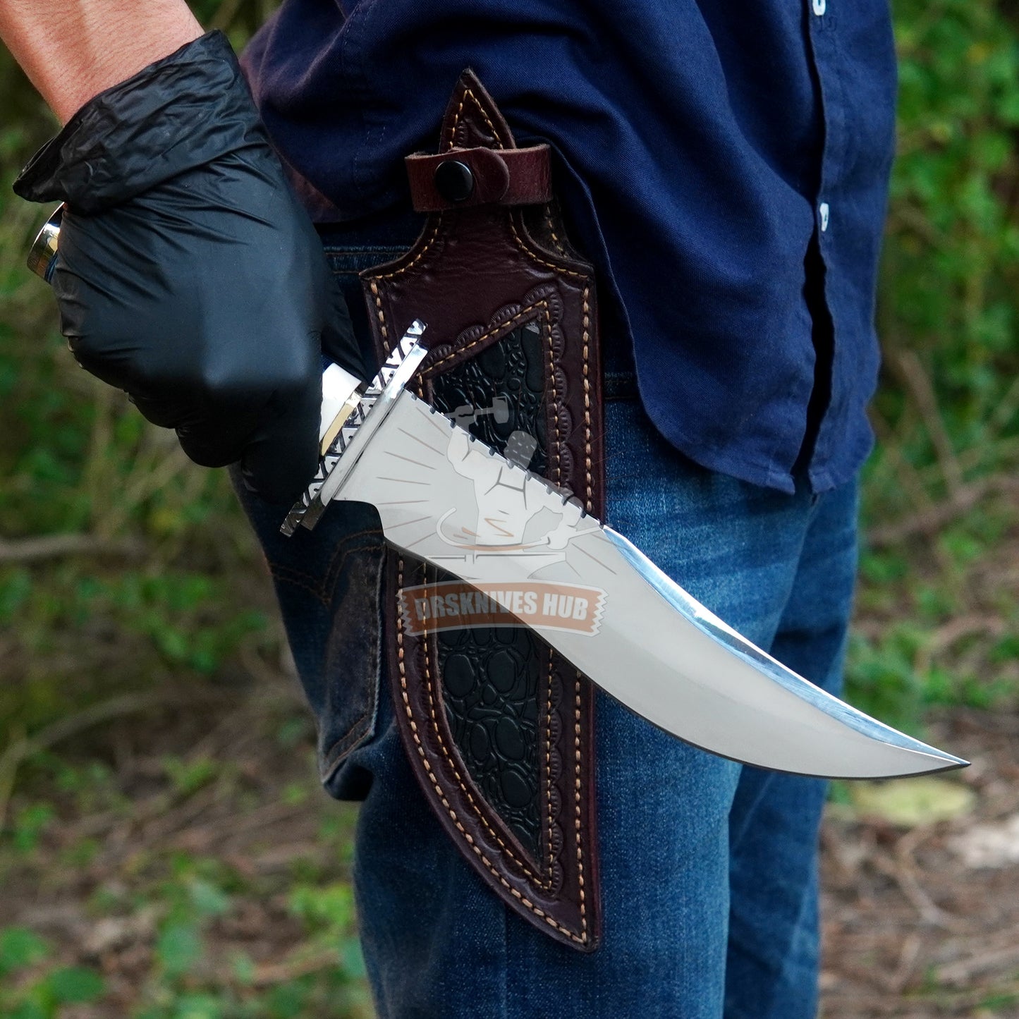 Beautifully Handmade D2 Steel Bowie Knife | 15″ Custom Hunting Knife with Blue & White Resin Handle | DRSKNIVES HUB