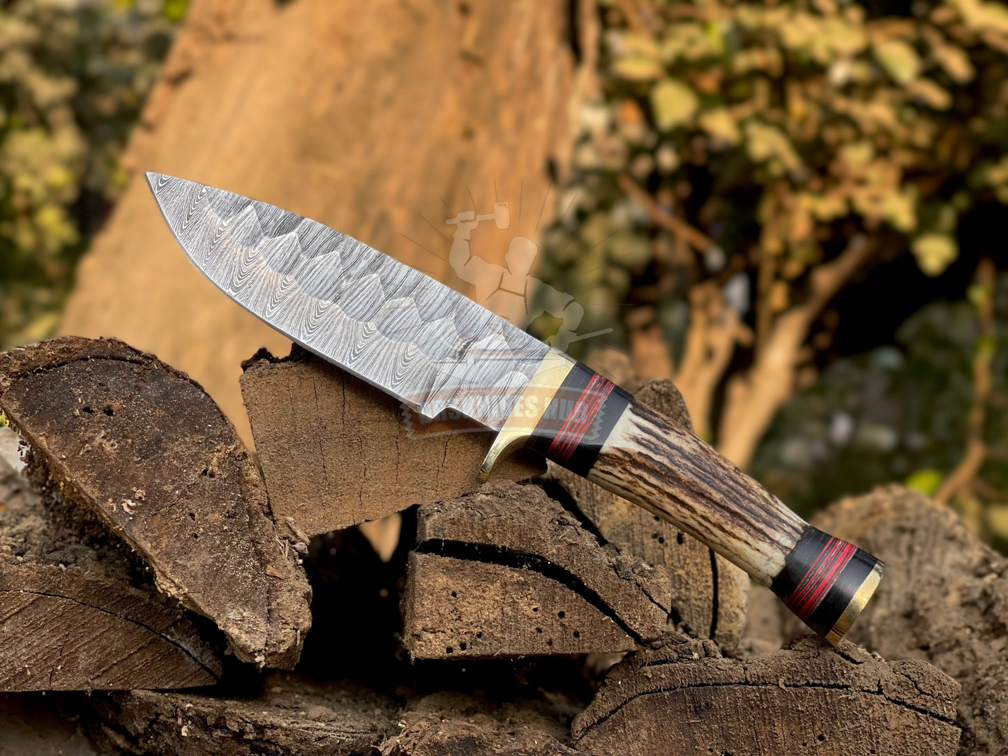 Handmade Damascus Hunting Knife – 10.5” Overall | Stag Antler Handle | Full Tang Outdoor Knife with Leather Sheath | DRSKNIVES HUB