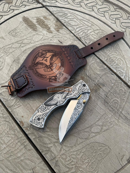 Handmade Viking Raven Folding Knife: Engraved D2 Steel Blade, Leather Wristband