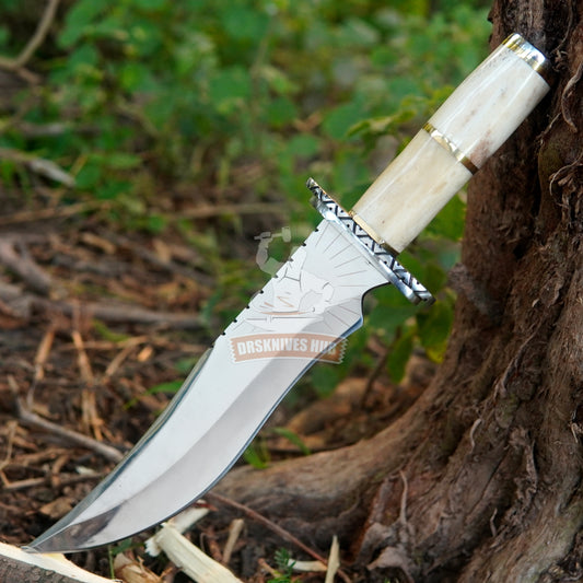 15" Custom Handmade Hunting Bowie Knife Bone Handle With Leather Cover | DRSKNIVES HUB