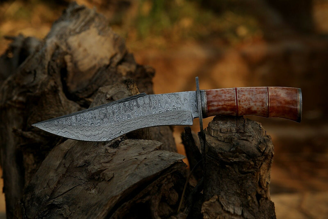 Custom Handmade Damascus Steel Bowie knife Outdoor Camping knife Fixed Blade With Leather Sheath Cover