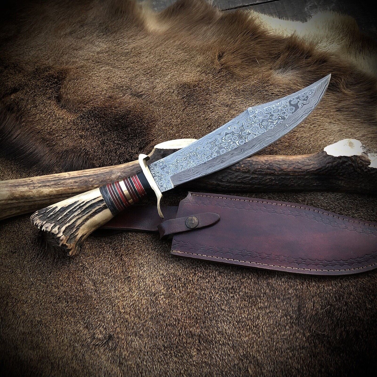 Bowie  Knife Custom Made Fixed Blade Damascus Hunting With Leather Sheath