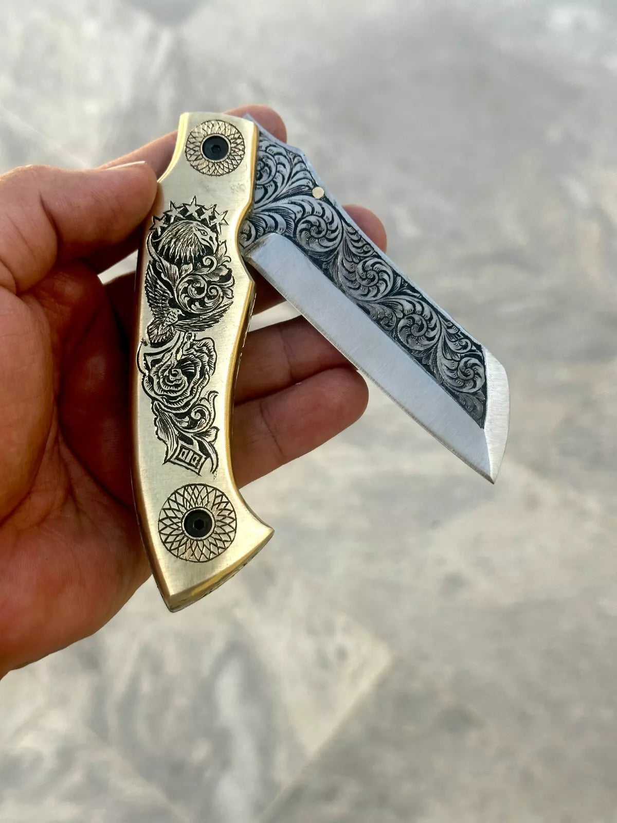 D2 Steel folding knife Hand Engraved With brass On Handle with sheath