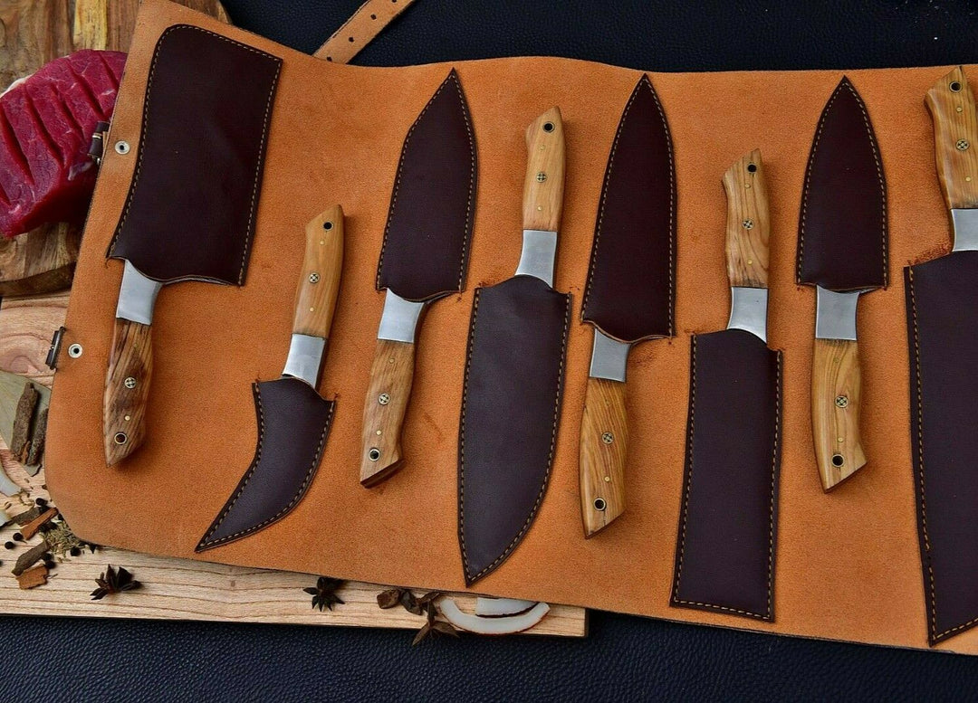 8 pcs Damascus Steel Blade Hand Forged Chef Set With Leather Roll Kit Bag Wood Handle