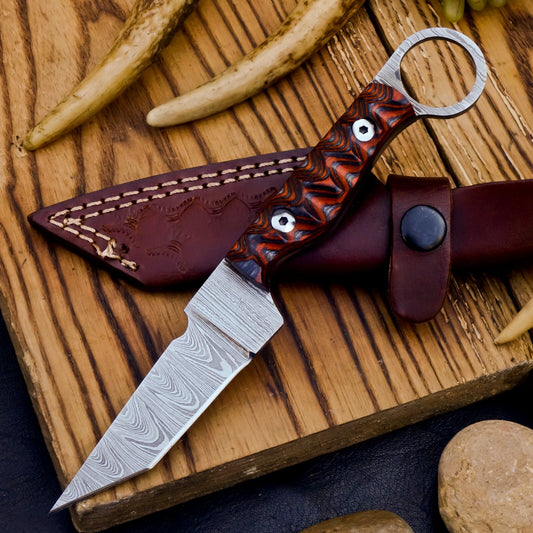 Hand-Forged Damascus Steel Full Tang Tactical EDC Knife with Ring Handle & Leather Sheath | DRSKNIVES HUB| DRSKNIVES HUB