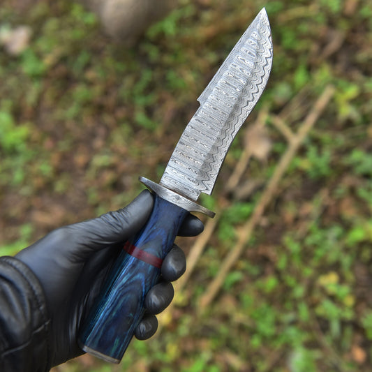 Custom Handmade Damascus Steel Hunting Knife – 11" Hand-Forged Blade with Rain Drop Pattern & Leather Sheath |DRSKNIVES HUB