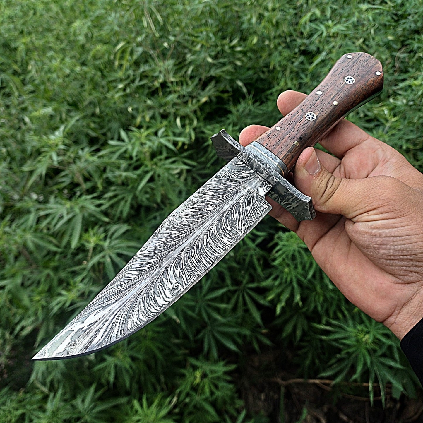 11' Custom Handmade Feather Damascus Bowie Knife Hunting Survival With Leather Sheath Cover