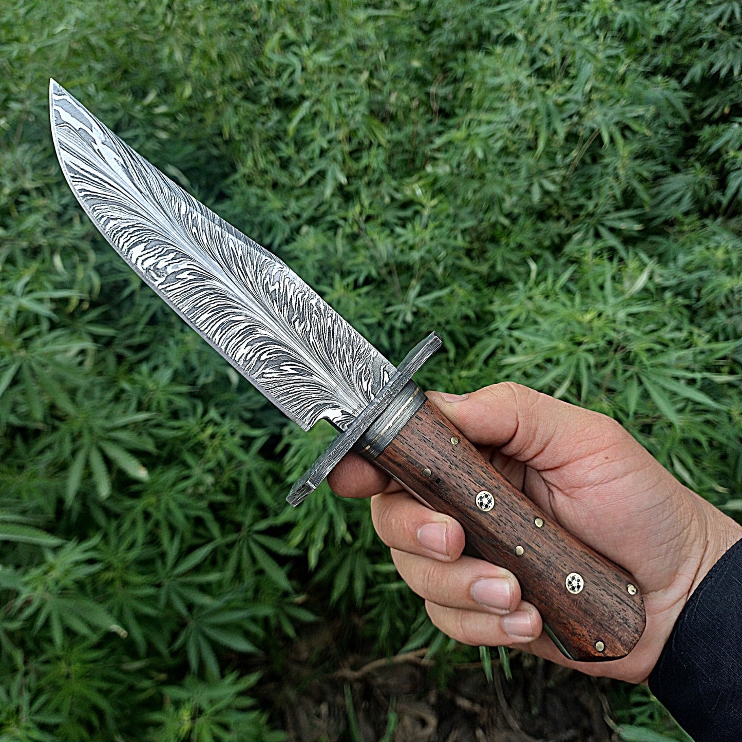 11' Custom Handmade Feather Damascus Bowie Knife Hunting Survival With Leather Sheath Cover