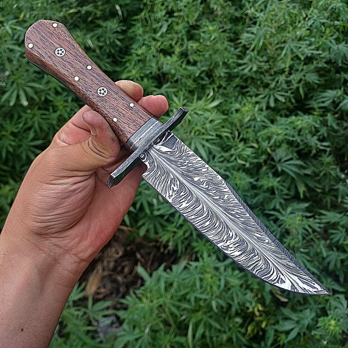 11' Custom Handmade Feather Damascus Bowie Knife Hunting Survival With Leather Sheath Cover