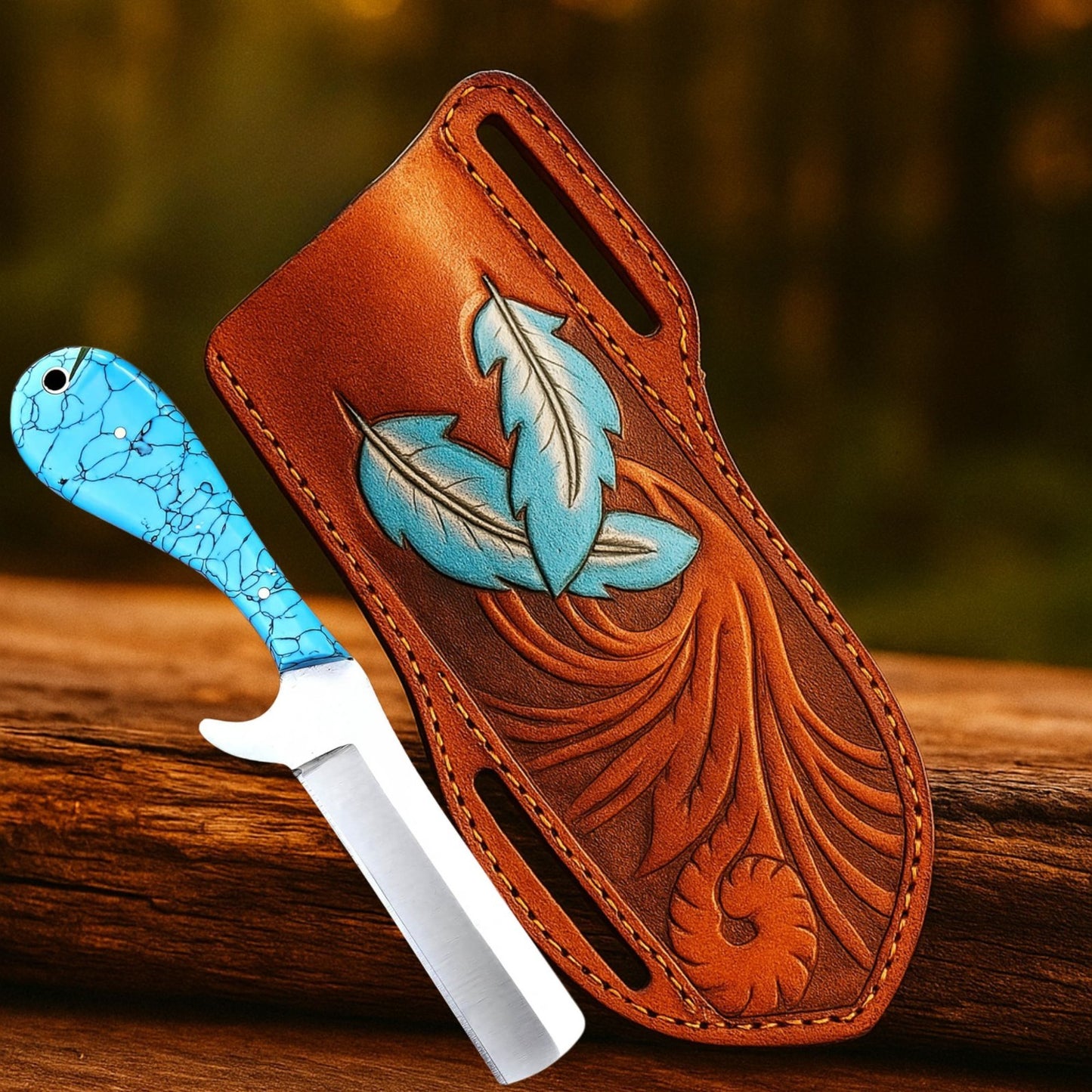 Handmade J2 Steel Bull Cutter Knife Resin Blue Handle with Leather Sheath