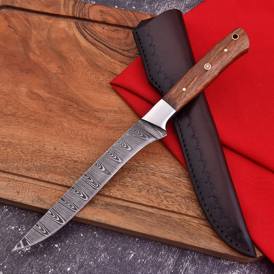 Custom Hand Forged  Damascus Steel  11.8" Fillet Knife Hunting Fishing Rosewood Handle With Leather Sheath Cover